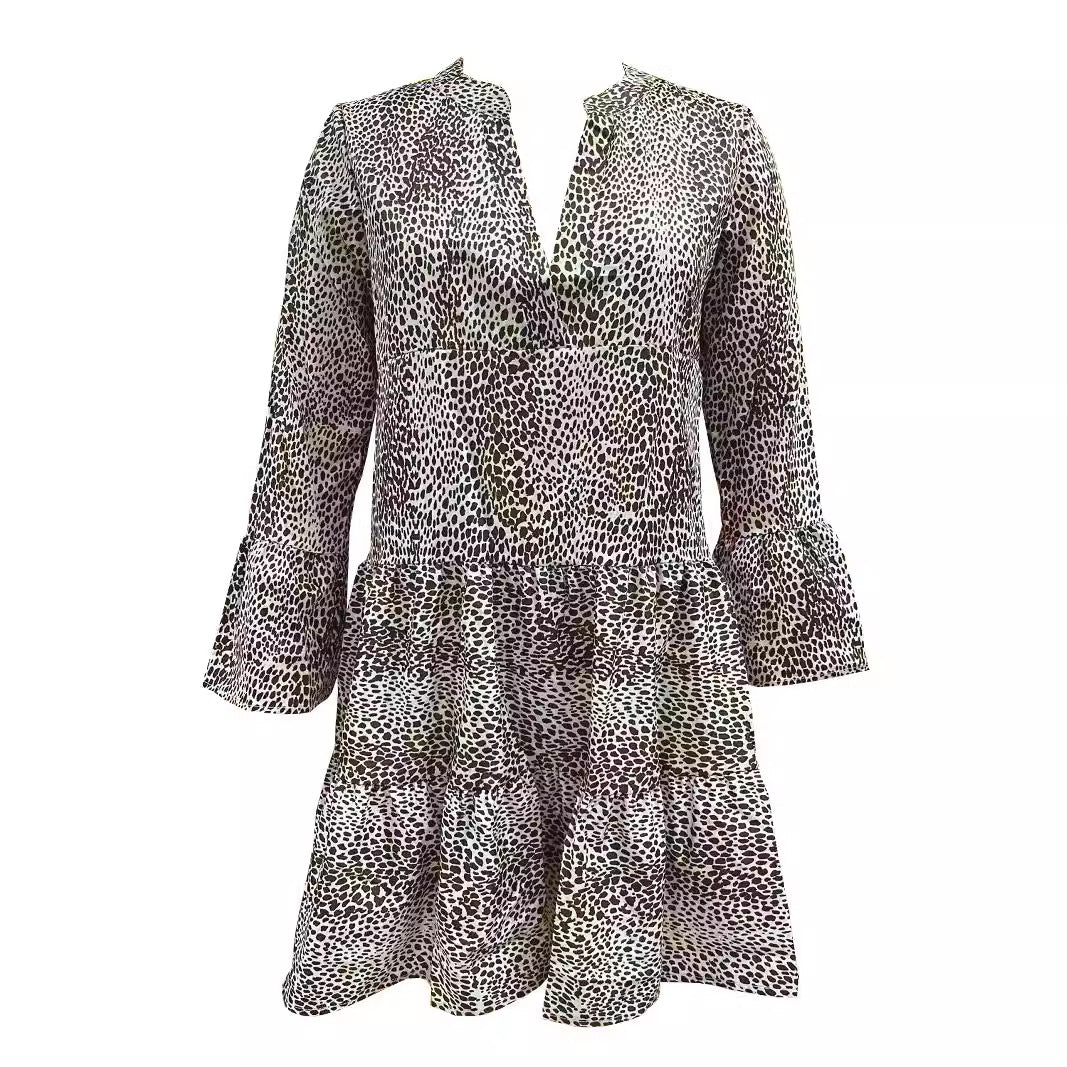 Women's Casual Leopard Print V-Neck Long Sleeve Loose Midi Dress