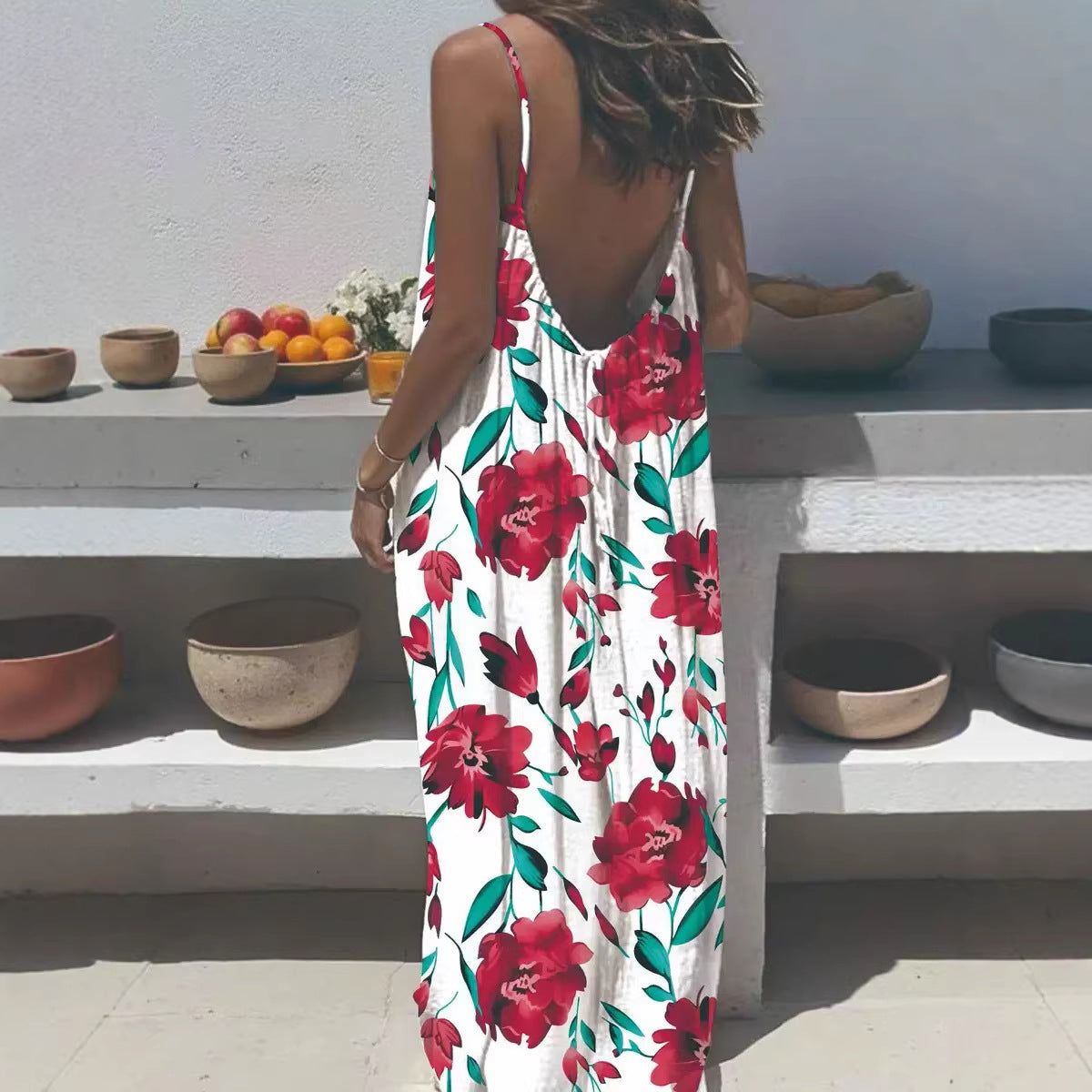 Women's Casual Print Loose Strap Maxi Dress