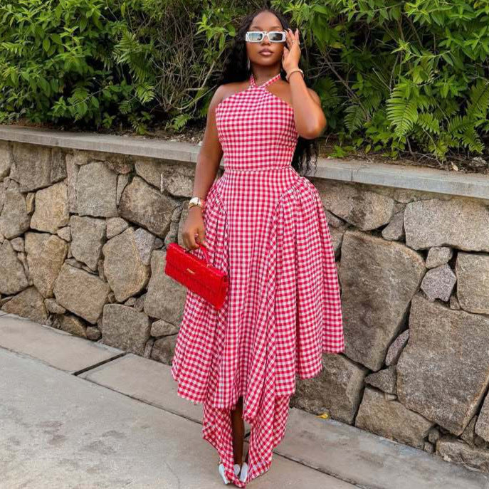 Women's African Hanging Neck Plaid Printed Irregular Hem Dress