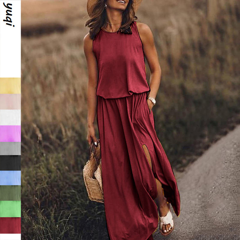 Women's Summer Casual Round Neck Sleeveless Side-Slit Solid Color Long Dress