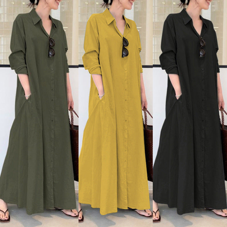Women's Casual Solid Color Loose Long Sleeve Lapel Shirt Maxi Dress