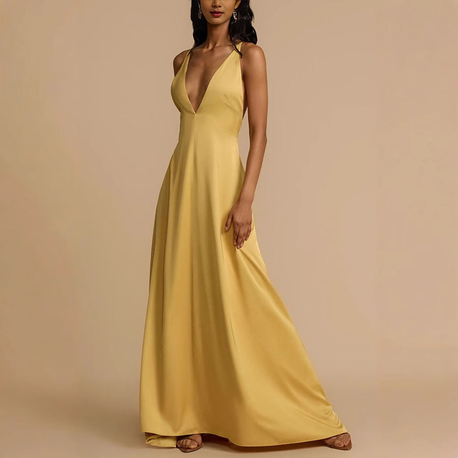 Women's Sexy Solid Color Satin V-Neck Sleeveless Backless Slip Dress
