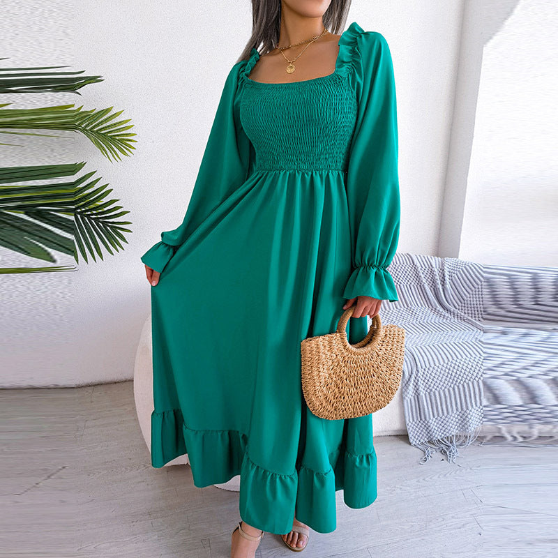 Women's Casual Square Collar Ruffled Maxi Dress