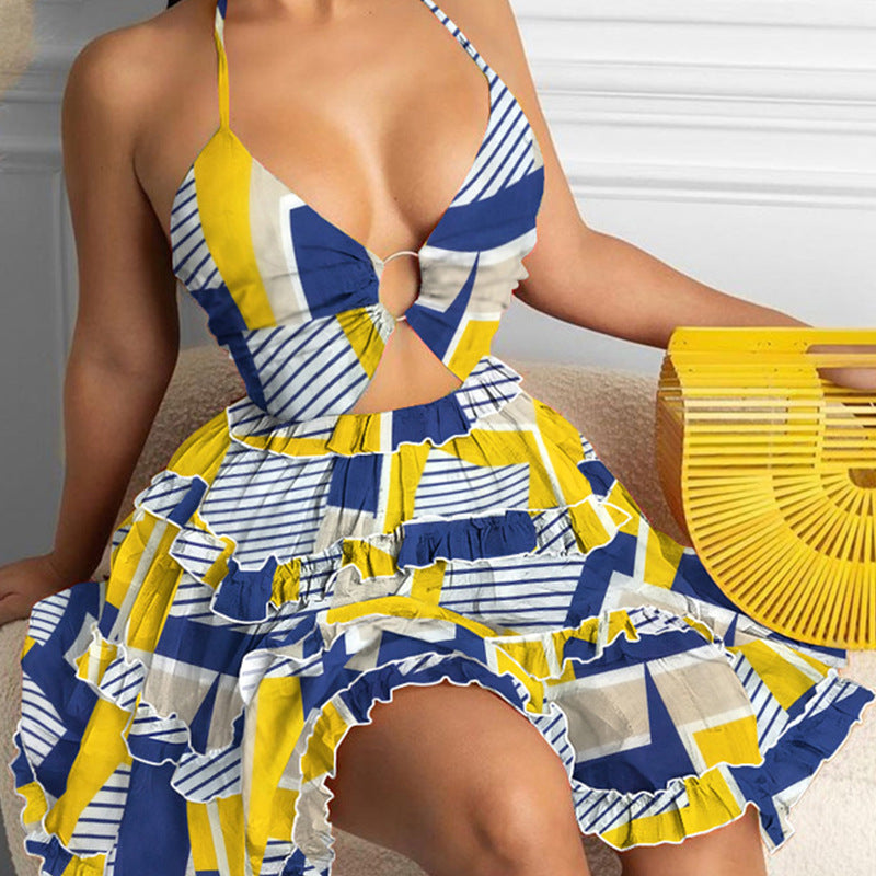 Women's Summer Floral Print Hollow Neck Mini Dress