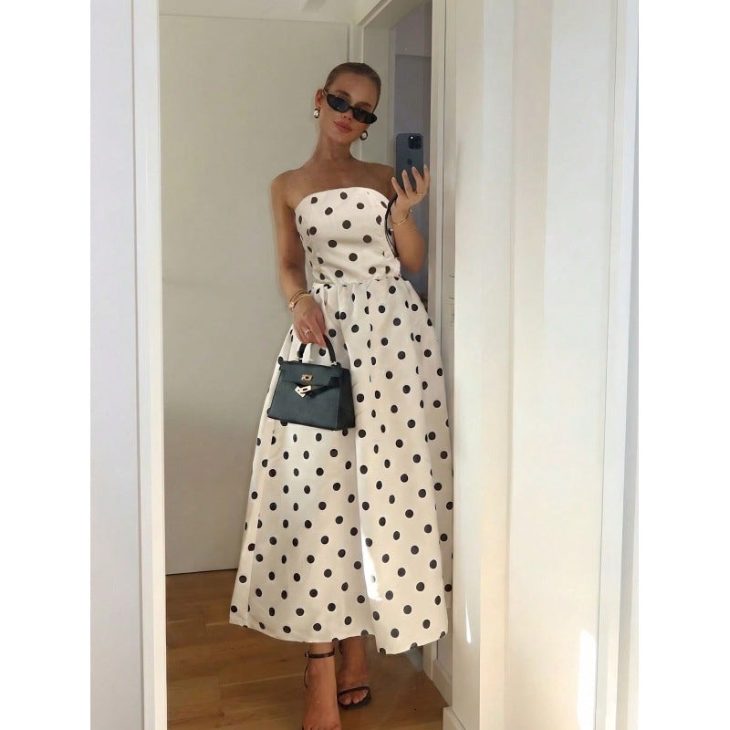 Women's Elegant Polka Dot Print Tube Top Sleeveless A-Line Dress