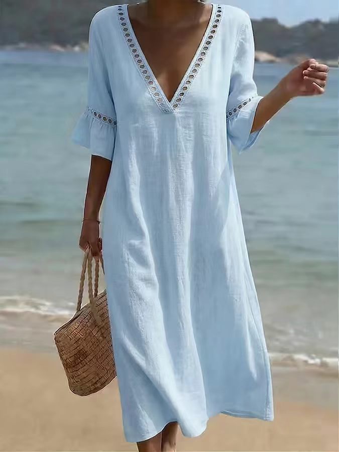 Women's Summer Boho Vacation Solid Color V-Neck Short Sleeve Loose Dress