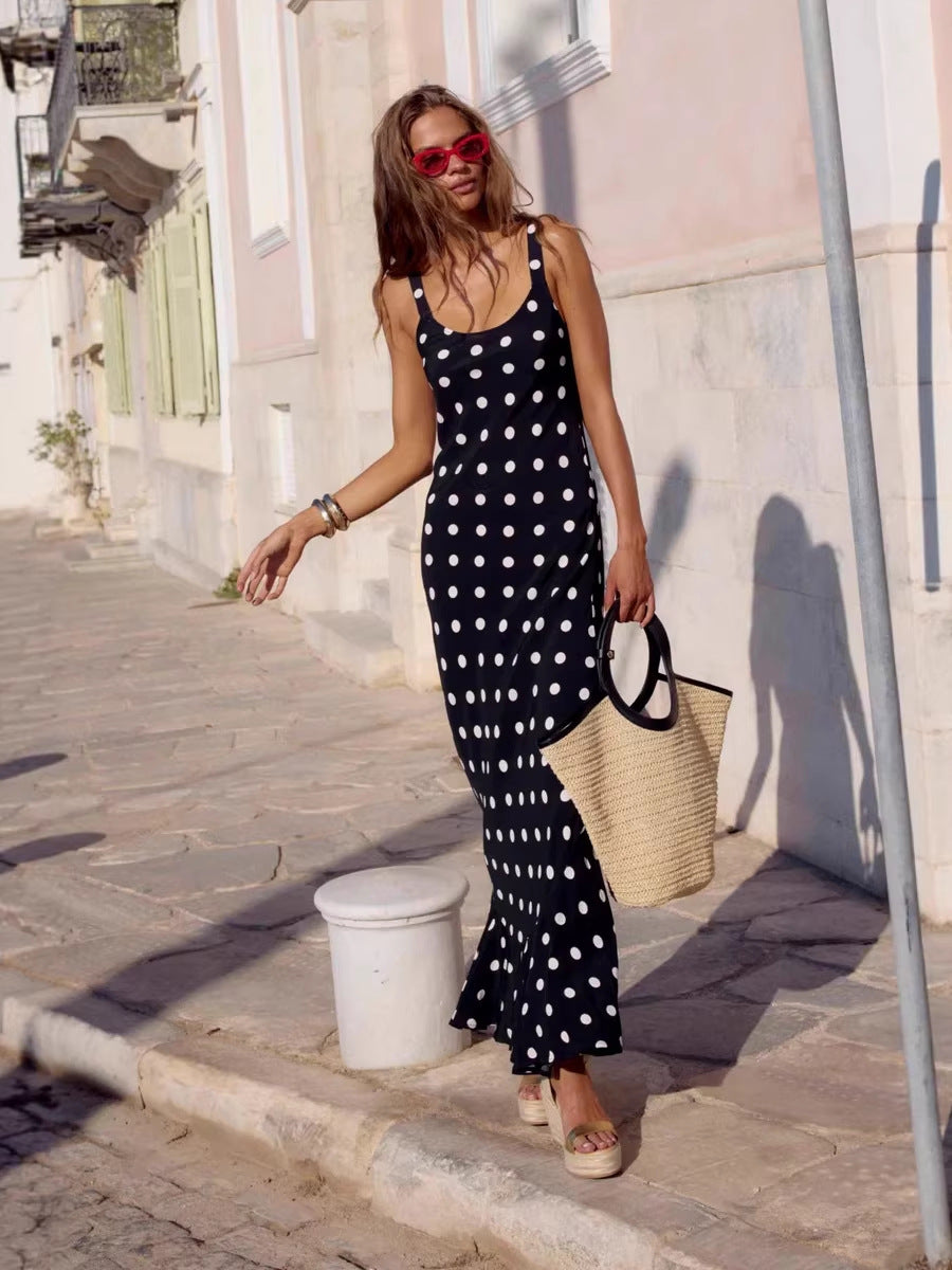 Women's Sexy Summer Polka Dot Print Sleeveless Tight Waist Dress