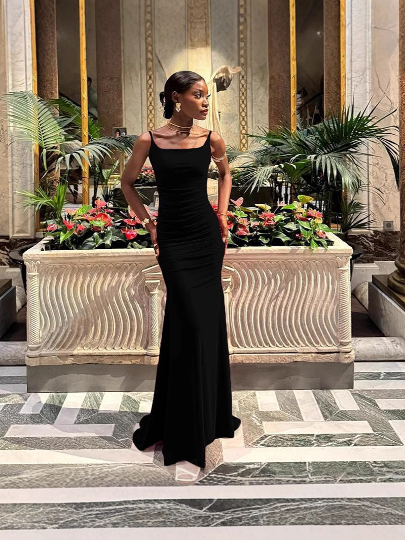 Women's Sexy Elegant Solid Color Spaghetti Strap Backless Slim-Fit Long Dress
