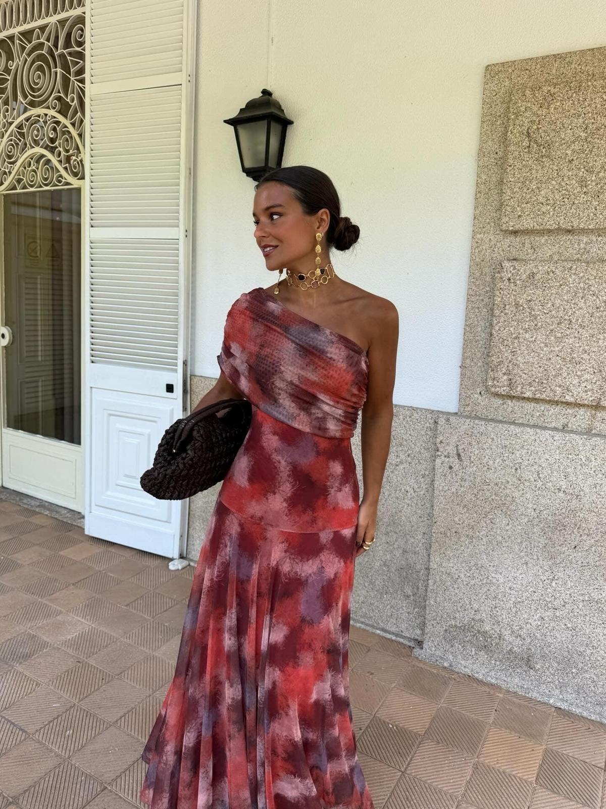 Women's Summer Tie Dye Printed Slanted Shoulder Pleated Slim-Fit Big Swing Dress