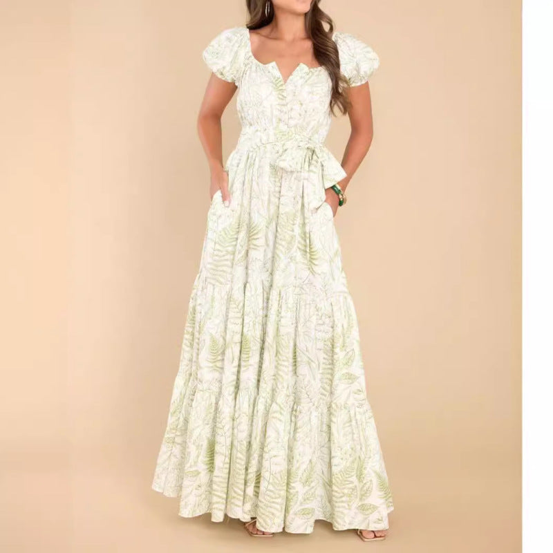 Women's Casual Printed Puff Sleeve Maxi Dress