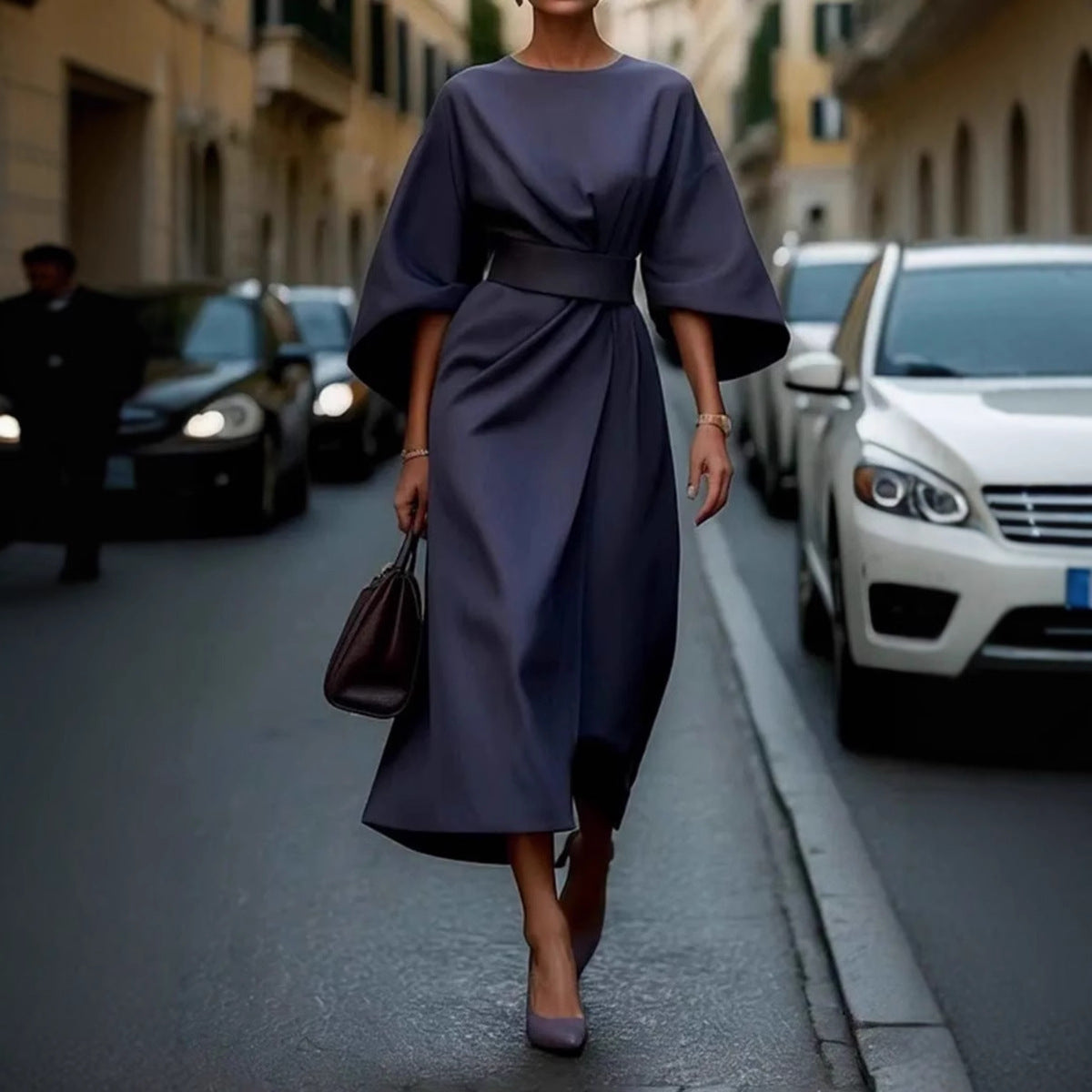 Women's Elegant Solid Color High Waist Bat Sleeve Dress