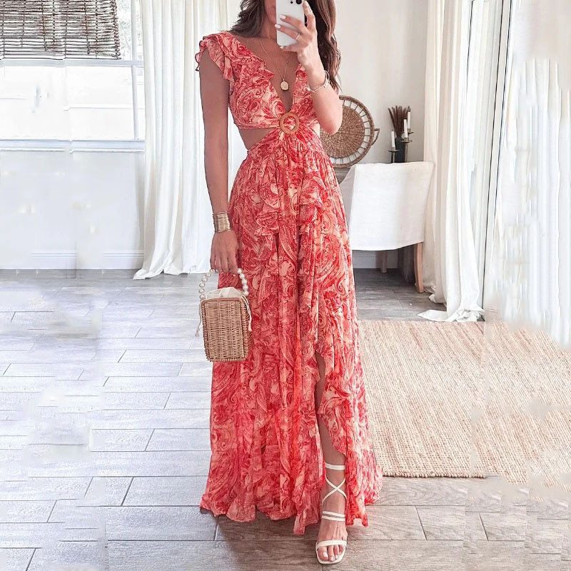 Women's Casual Summer Printed V-Neck Ruffled Split Dress