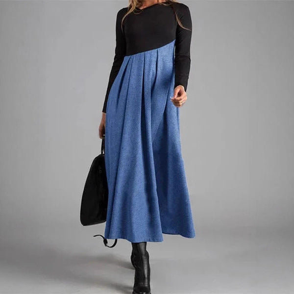 Women's Autumn and Contrast Color Woolen V-Neck Long Sleeve Stitching Dress