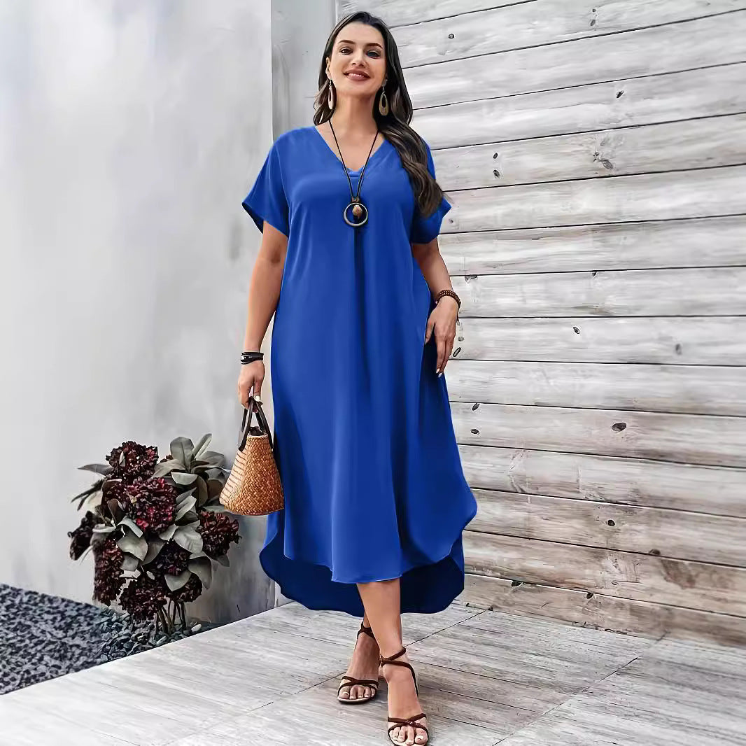 Spring and Summer Plus Size Women Casual V-Neck Irregular Skirt Dress
