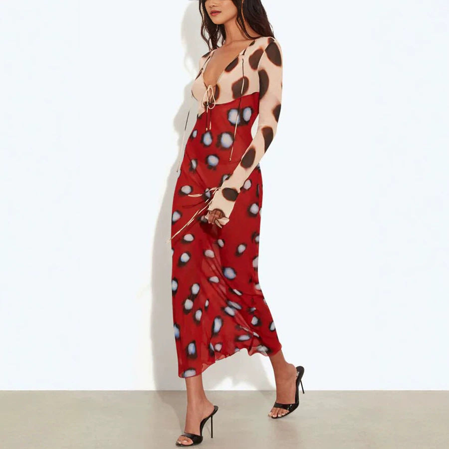 Women's Sexy Leopard Mesh Printed Lace-Up Long Sleeve Stretch Dress
