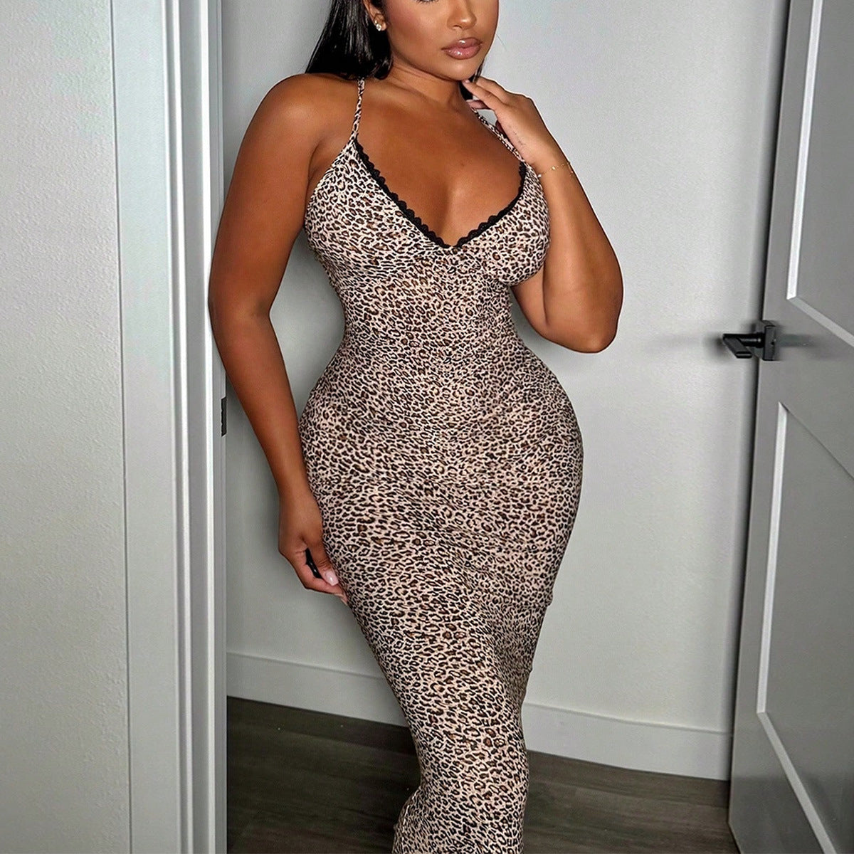 Women's Sexy Leopard Printed High Elastic Spaghetti Straps Dress