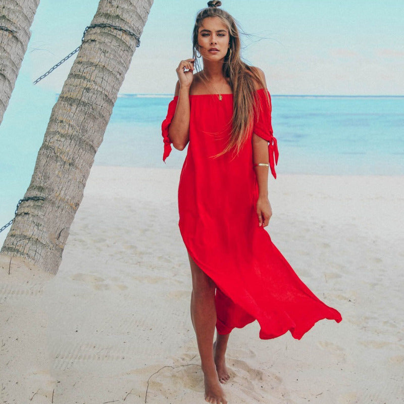 Women's Casual Solid Color Boat Neck Short Sleeve Slit Long Dress