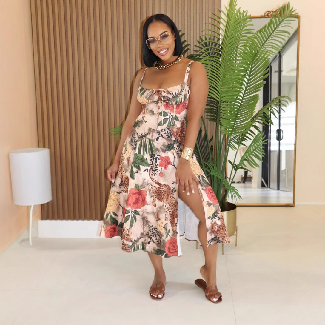 Women's Sexy Floral Printed Spaghetti Strap Split Midi Dress