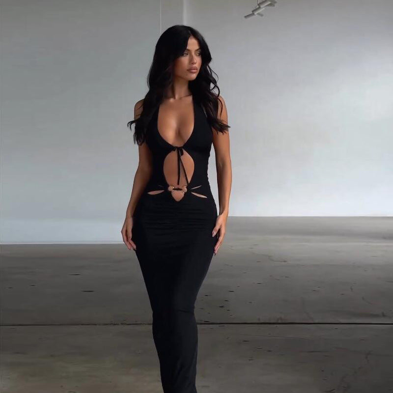 Women's Summer Sexy Deep V-Strap Hollow Open Back Split Maxi Dress