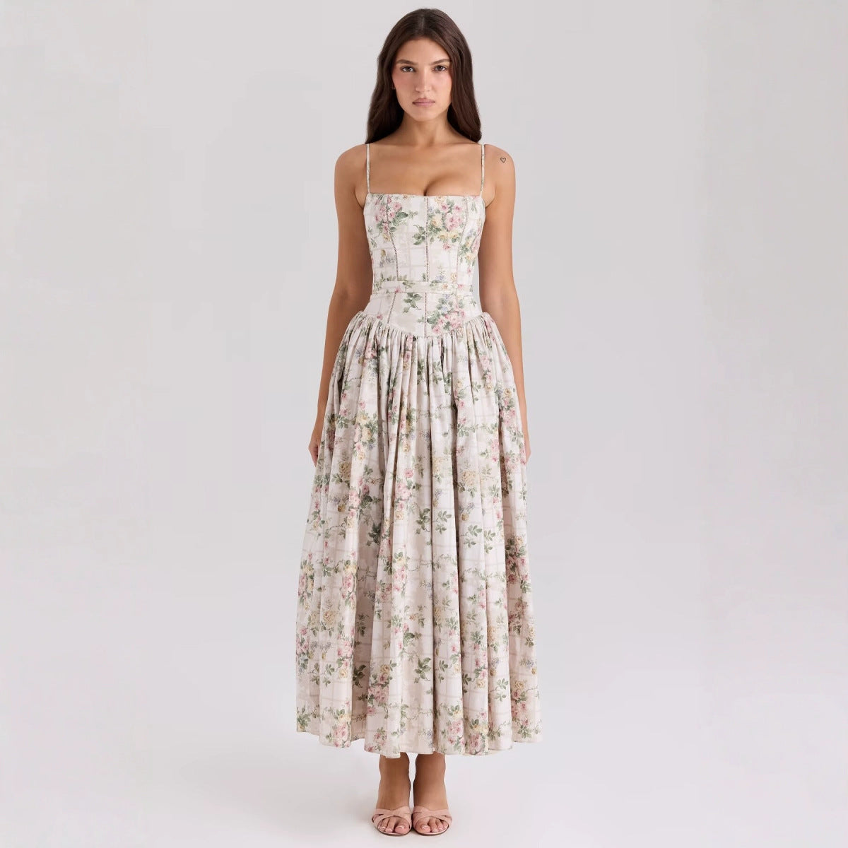 Women's Sexy Summer Flower Printed Spaghetti Strap Tight Waist Dress