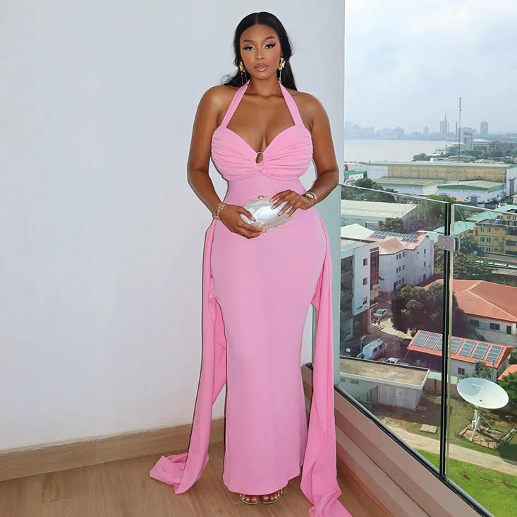 Women's Sexy Solid Color Halter-Neck Backless Pleated Maxi Dress