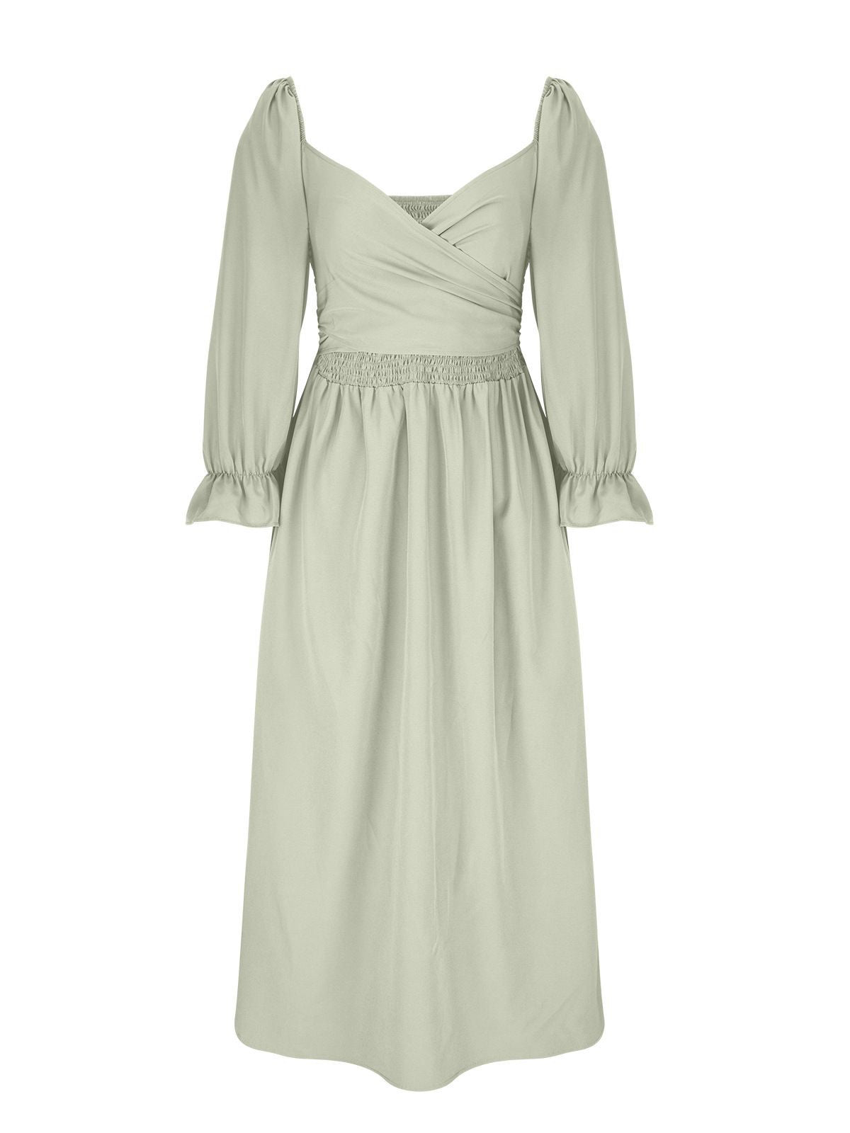 Women's Elegant Solid Color Long Sleeve V-Neck Midi Dress