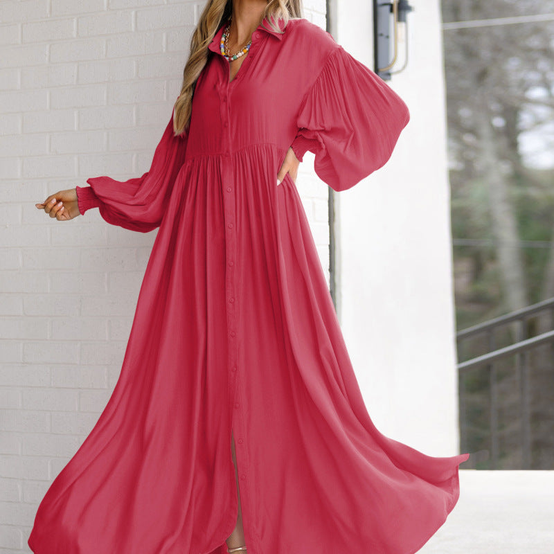 Women's Casual Solid Color Creased Long Sleeve Maxi Dress