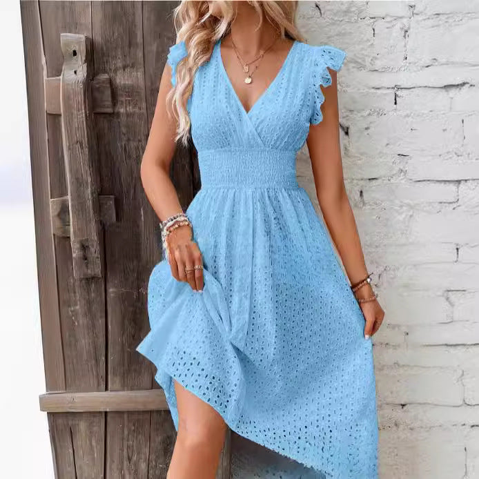 Women's Summer Casual Solid Color Ruffled V-Neck Dress