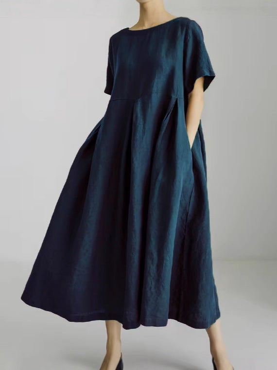 Women's Casual Solid Color Cotton and Linen Round Neck Short Sleeve Loose Dress