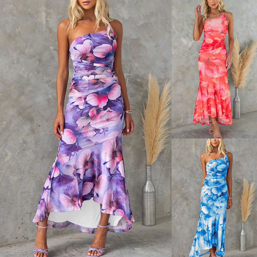 Women's Summer Floral Printed Oblique Shoulder Maxi Dress