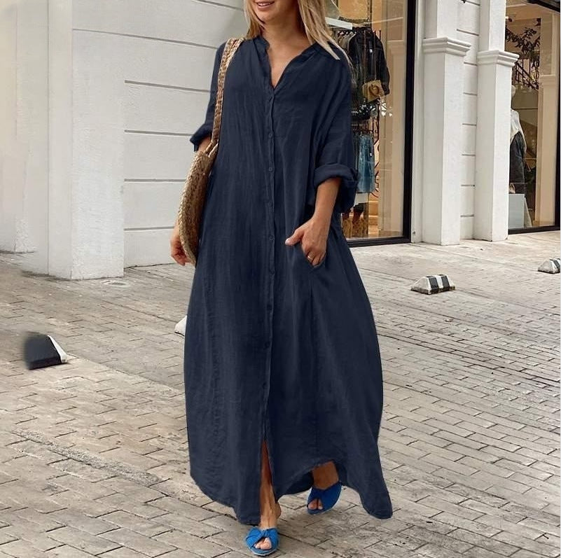 Women's Casual Cotton Linen Solid Color Pocket Shirt Maxi Dress