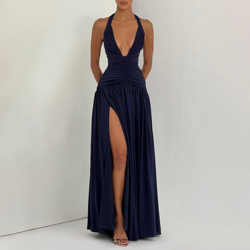 Women's Summer Solid Color V-Neck Halter-Neck Pleated Split Fit A-Line Dress