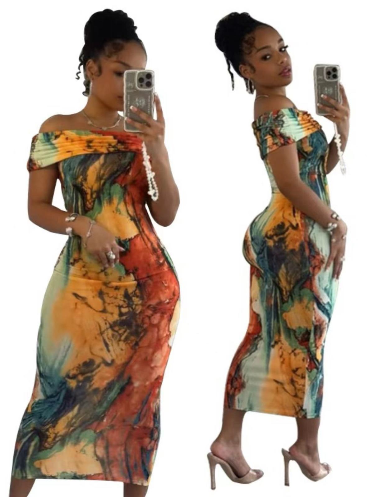 Women's Sexy Off Shoulder Graphic Printed Tight Midi Dress