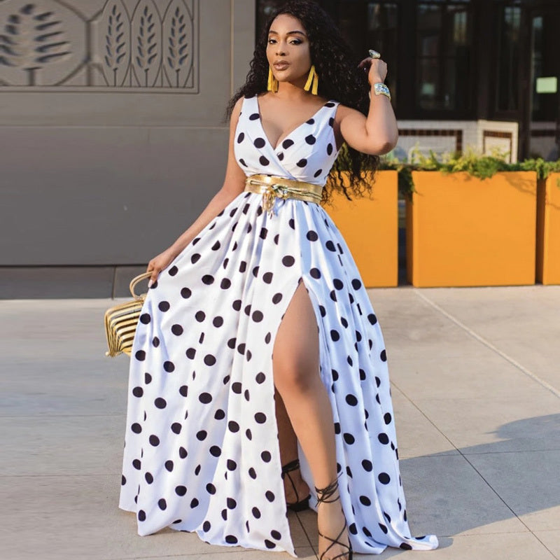 Women's Polka Dot Printed Defined Waist Sexy Side-Slit Maxi Dress