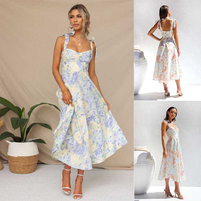Women's Elegant Floral Lace-Up Sleeveless Long Dress