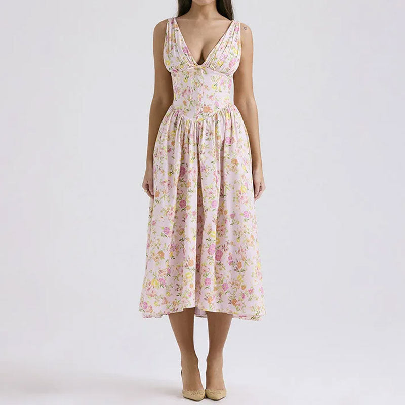 Women's Casual V-Neck Floral Print A-Line Dress