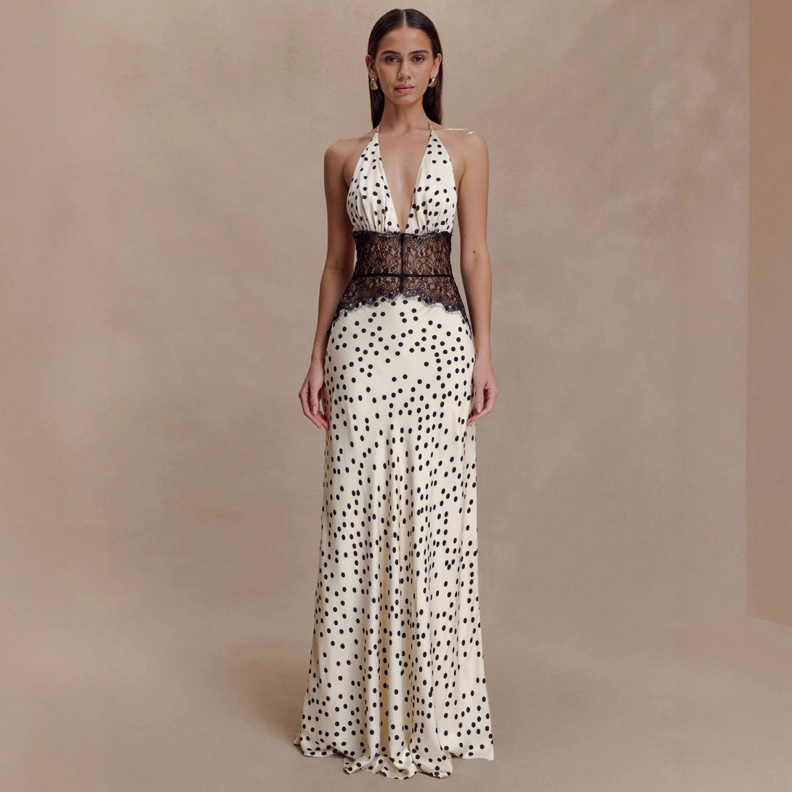 Women's Sexy Elegant Polka Dot Print Lace Stitching Halter-Neck Backless Dress