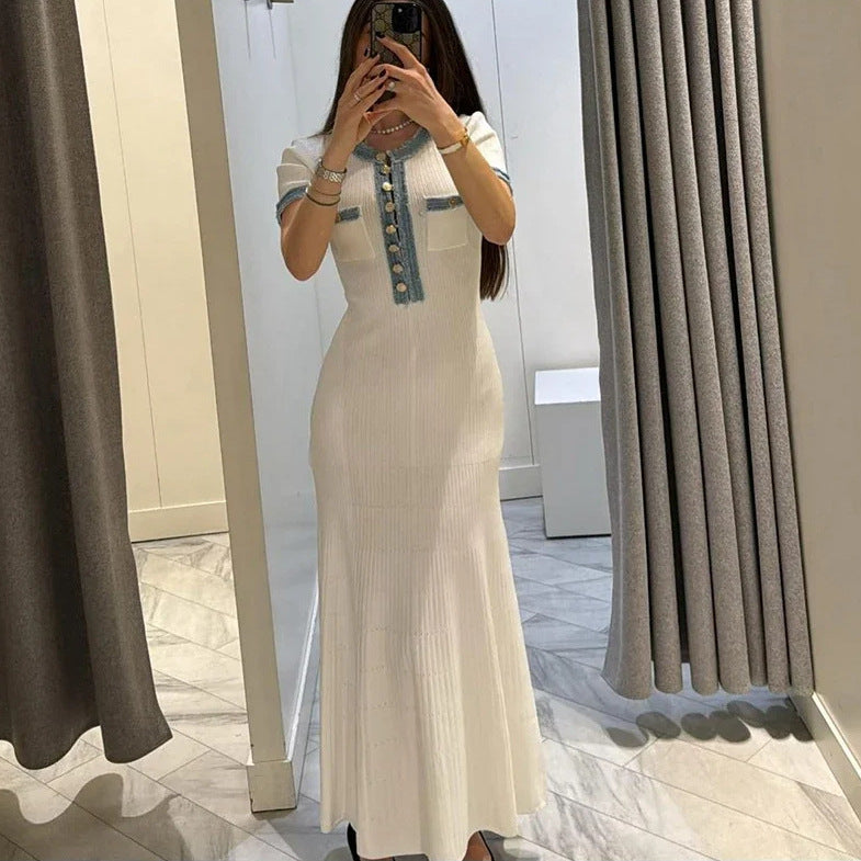 Women's Summer Denim Stitching Maxi Dress, with Boat