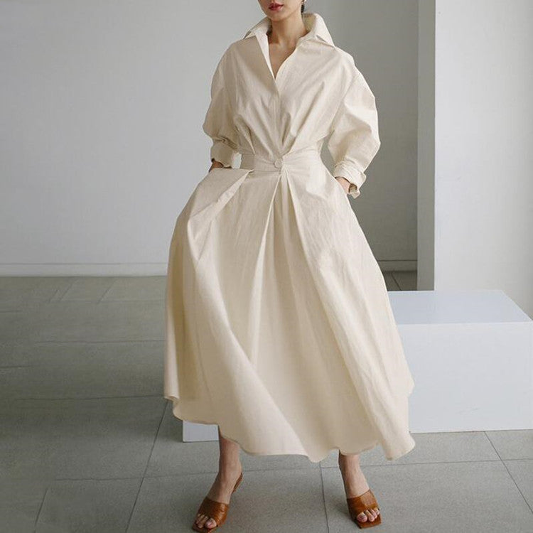 Women's Elegant Solid Color Lapel Long Sleeves Bandage Ruffled Dress