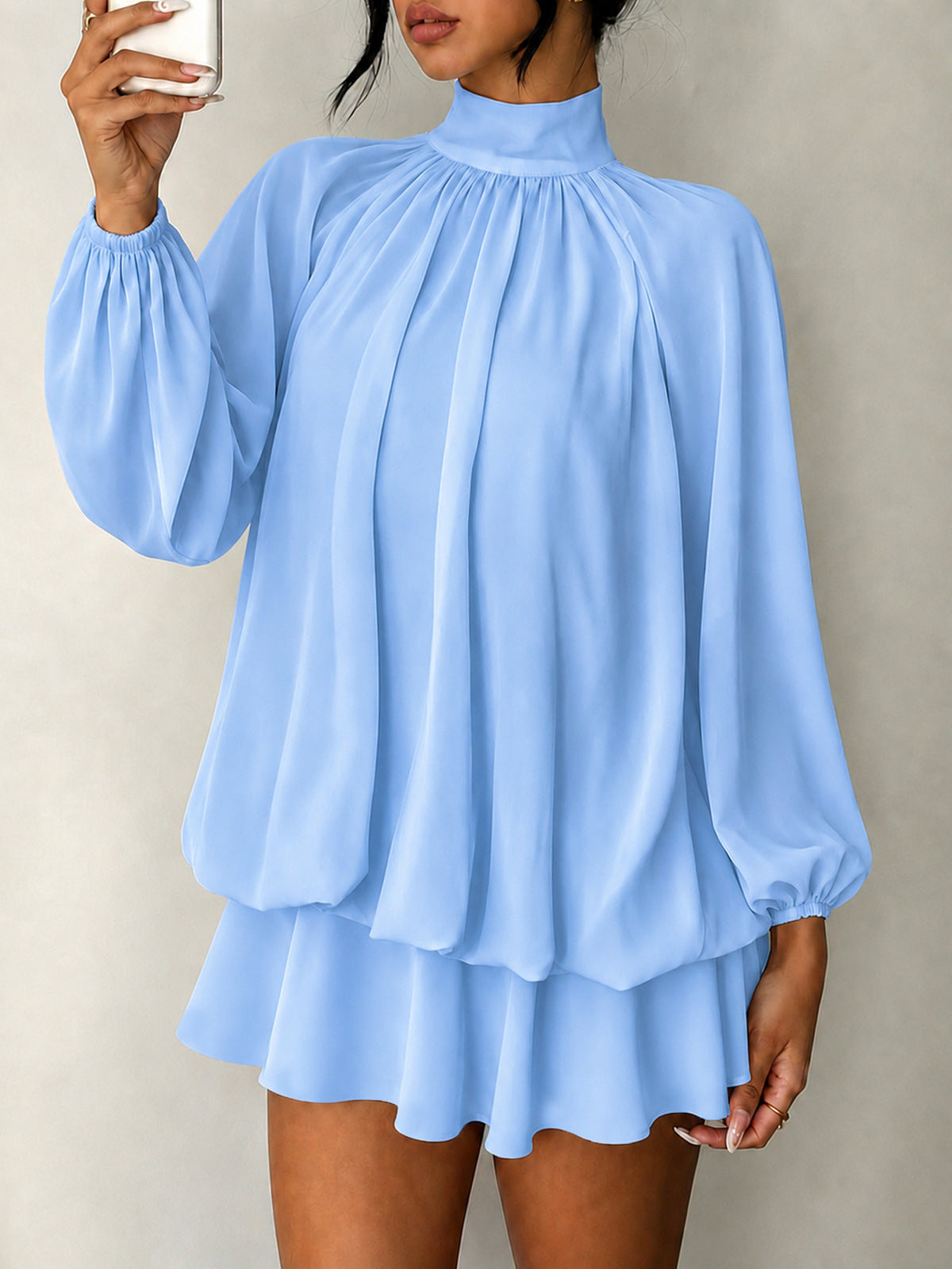 Women's Casual Solid Color Half-Turtleneck Long Sleeve Pleated Dress