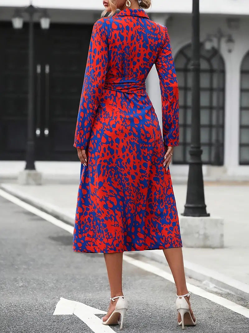 Women's Casual Printed Button Lapel Long Sleeve A-Line Dress