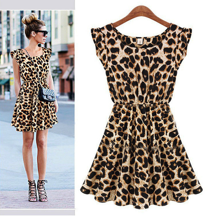 Women's Leopard Houndstooth Print Casual Short Sleeve Round Neck Pleated Dress