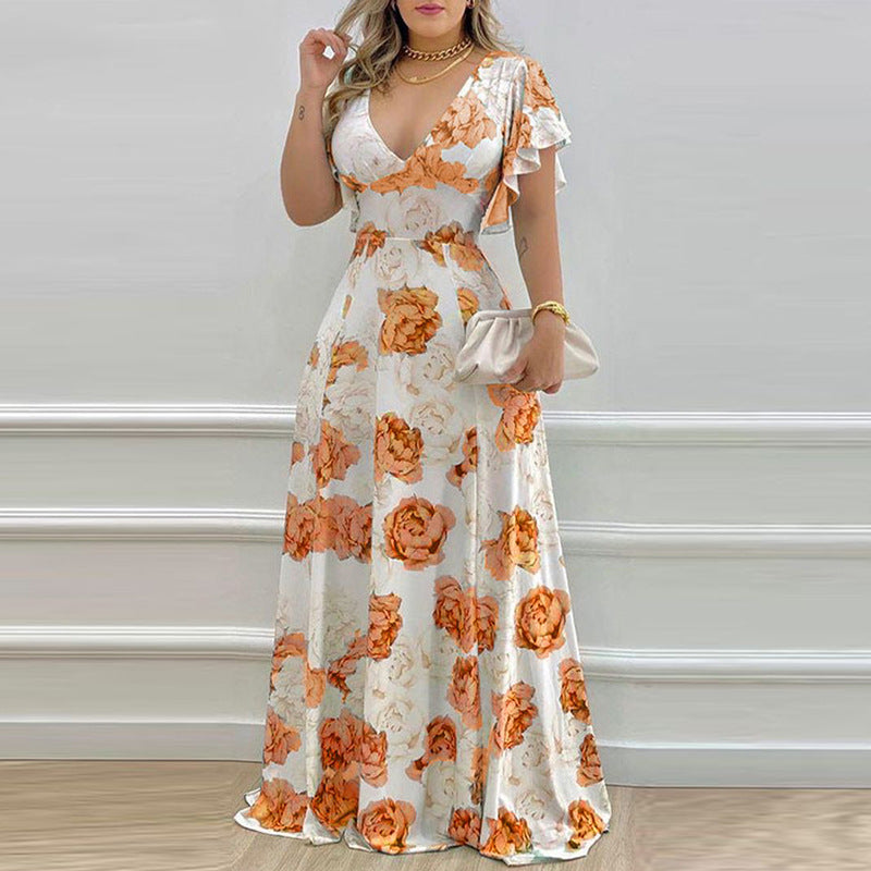 Women's Casual Elegant Floral Printed V-Neck Loose Dress