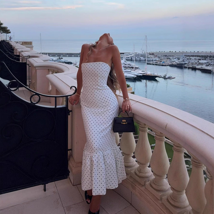 Women's Elegant Polka Dot Print Tube Top Pleated Dress
