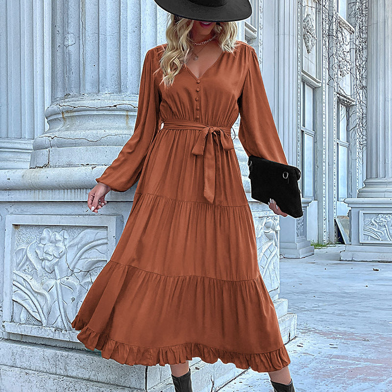 Women's Casual Autumn Winter Long Sleeve Pleated Ruffled Midi Dress