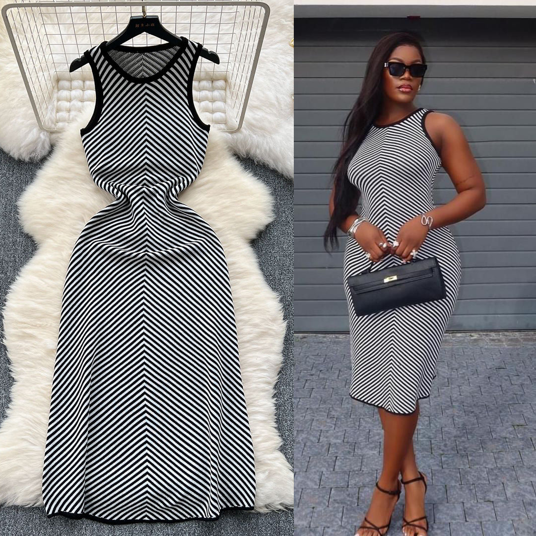 Women's Sexy Sleeveless Colorblock Stripe Knitted Midi Dress