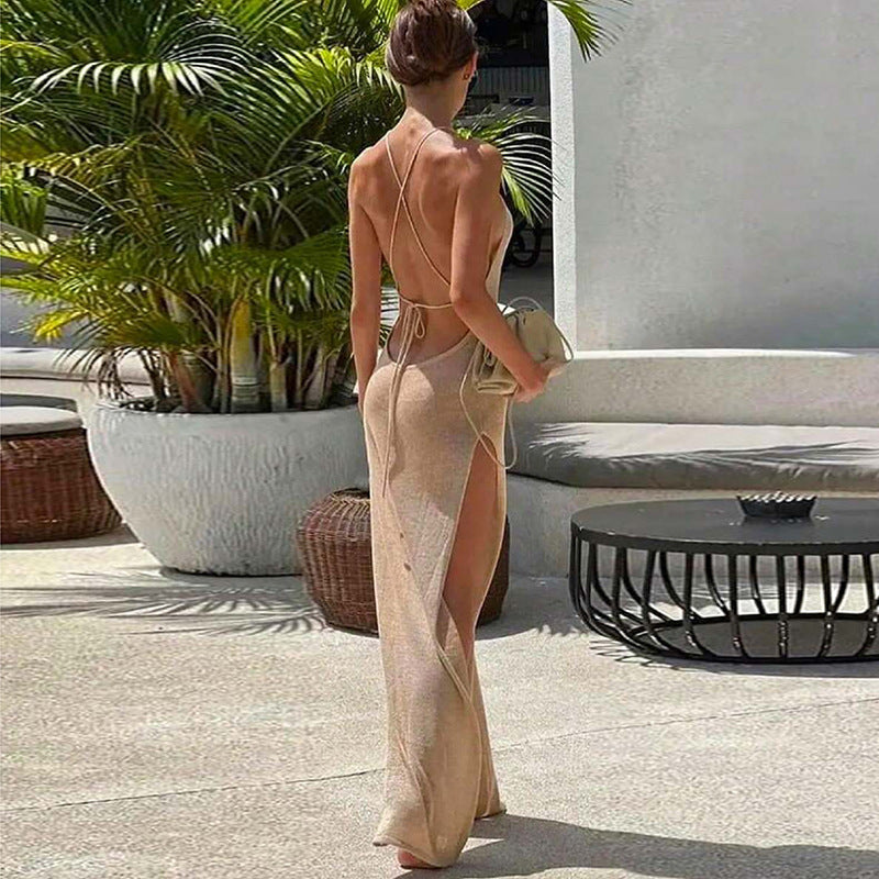 Women's Sexy Solid Color Knitted Halter-Neck Backless Side Slit Maxi Dress