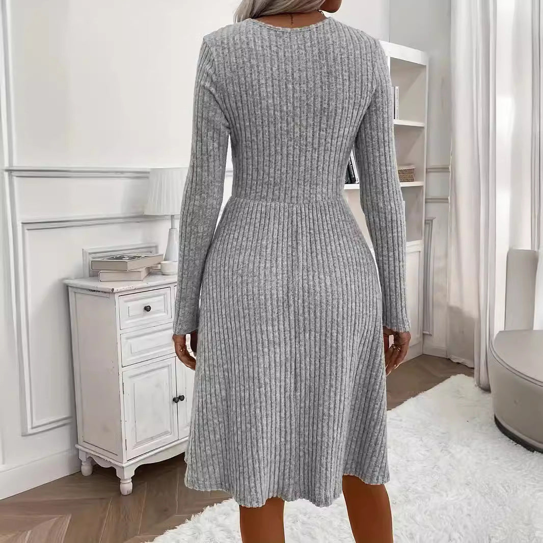 Women's Autumn Winter Solid Color V-Neck Long Sleeve Knitted Midi Dress