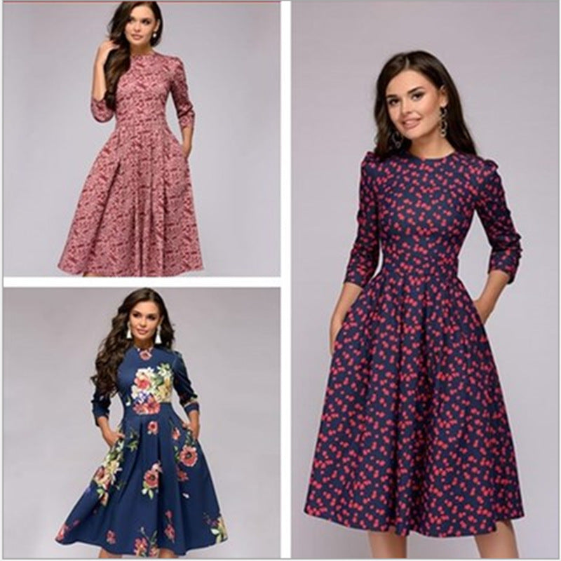 Women's Casual Floral Print Round Neck Dress