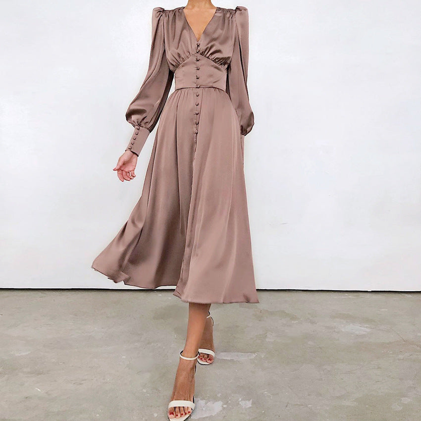 Women's Elegant Casual Long Sleeve Single-Breasted Long Sleeve Midi Dress